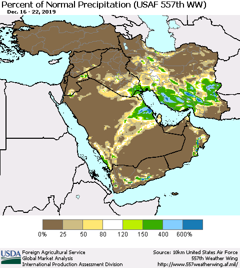 Middle East and Turkey Percent of Normal Precipitation (USAF 557th WW) Thematic Map For 12/16/2019 - 12/22/2019