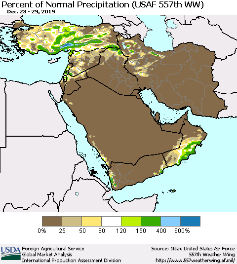 Middle East and Turkey Percent of Normal Precipitation (USAF 557th WW) Thematic Map For 12/23/2019 - 12/29/2019