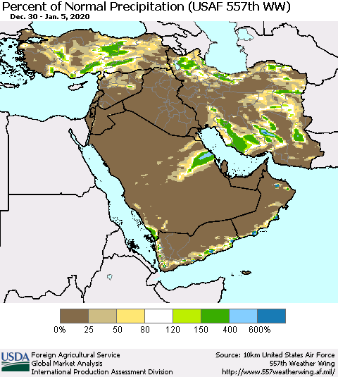 Middle East and Turkey Percent of Normal Precipitation (USAF 557th WW) Thematic Map For 12/30/2019 - 1/5/2020