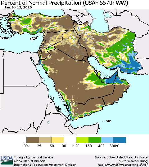 Middle East and Turkey Percent of Normal Precipitation (USAF 557th WW) Thematic Map For 1/6/2020 - 1/12/2020