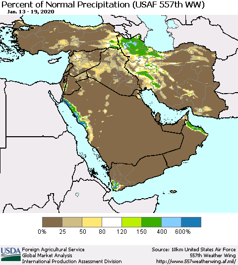 Middle East and Turkey Percent of Normal Precipitation (USAF 557th WW) Thematic Map For 1/13/2020 - 1/19/2020