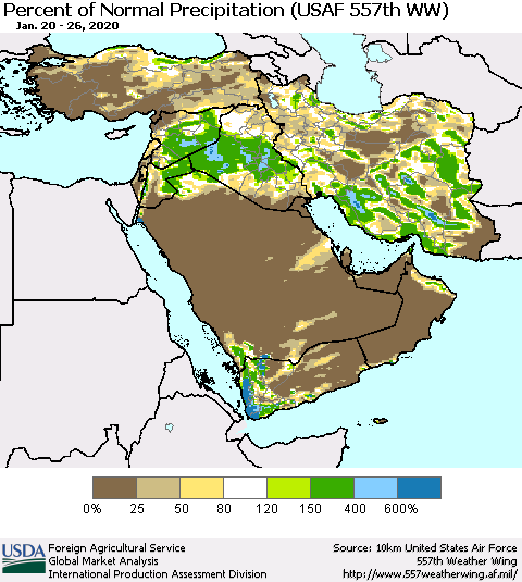Middle East and Turkey Percent of Normal Precipitation (USAF 557th WW) Thematic Map For 1/20/2020 - 1/26/2020