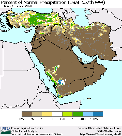 Middle East and Turkey Percent of Normal Precipitation (USAF 557th WW) Thematic Map For 1/27/2020 - 2/2/2020