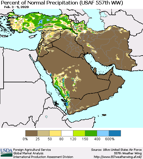 Middle East and Turkey Percent of Normal Precipitation (USAF 557th WW) Thematic Map For 2/3/2020 - 2/9/2020