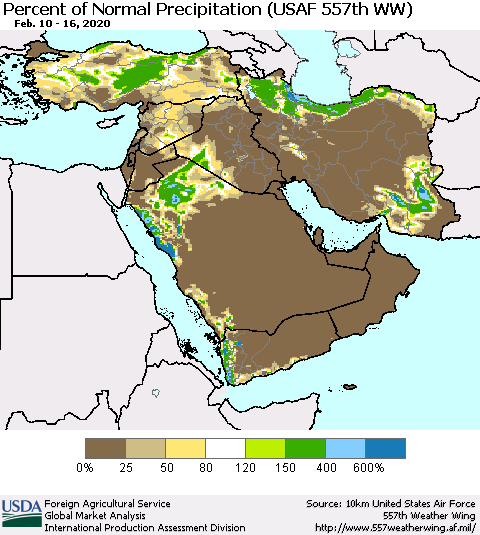 Middle East and Turkey Percent of Normal Precipitation (USAF 557th WW) Thematic Map For 2/10/2020 - 2/16/2020