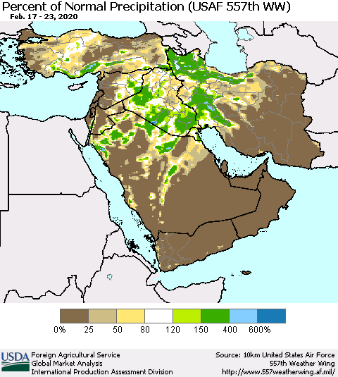 Middle East and Turkey Percent of Normal Precipitation (USAF 557th WW) Thematic Map For 2/17/2020 - 2/23/2020