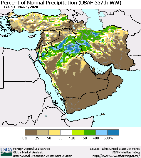 Middle East and Turkey Percent of Normal Precipitation (USAF 557th WW) Thematic Map For 2/24/2020 - 3/1/2020