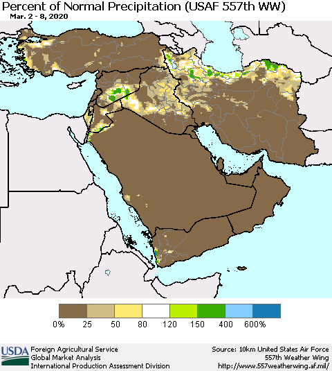 Middle East and Turkey Percent of Normal Precipitation (USAF 557th WW) Thematic Map For 3/2/2020 - 3/8/2020