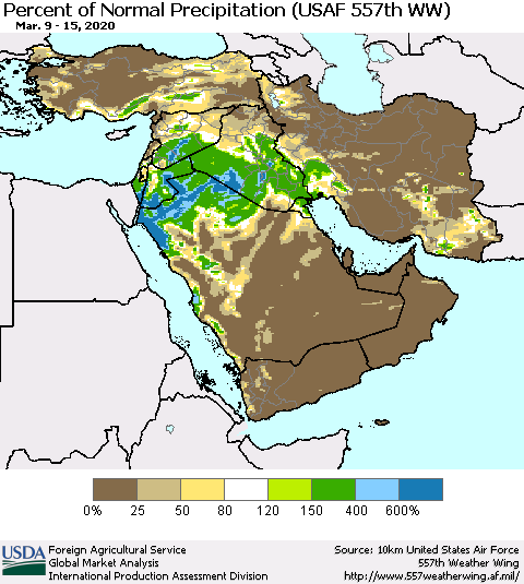Middle East and Turkey Percent of Normal Precipitation (USAF 557th WW) Thematic Map For 3/9/2020 - 3/15/2020