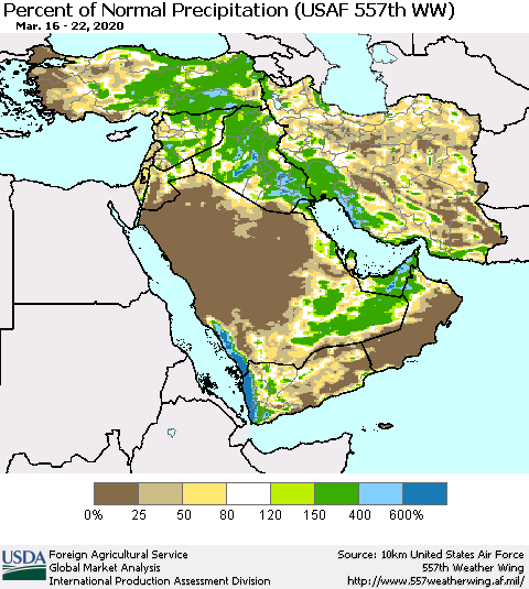 Middle East and Turkey Percent of Normal Precipitation (USAF 557th WW) Thematic Map For 3/16/2020 - 3/22/2020