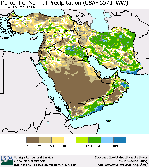 Middle East and Turkey Percent of Normal Precipitation (USAF 557th WW) Thematic Map For 3/23/2020 - 3/29/2020
