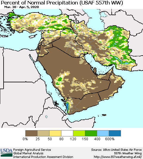 Middle East and Turkey Percent of Normal Precipitation (USAF 557th WW) Thematic Map For 3/30/2020 - 4/5/2020