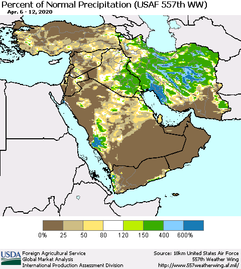 Middle East and Turkey Percent of Normal Precipitation (USAF 557th WW) Thematic Map For 4/6/2020 - 4/12/2020