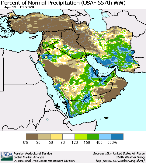 Middle East and Turkey Percent of Normal Precipitation (USAF 557th WW) Thematic Map For 4/13/2020 - 4/19/2020