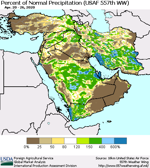 Middle East and Turkey Percent of Normal Precipitation (USAF 557th WW) Thematic Map For 4/20/2020 - 4/26/2020