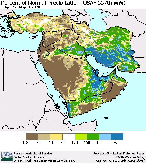 Middle East and Turkey Percent of Normal Precipitation (USAF 557th WW) Thematic Map For 4/27/2020 - 5/3/2020