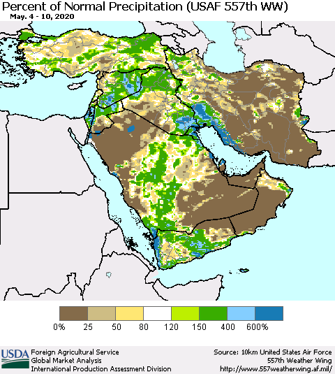 Middle East and Turkey Percent of Normal Precipitation (USAF 557th WW) Thematic Map For 5/4/2020 - 5/10/2020
