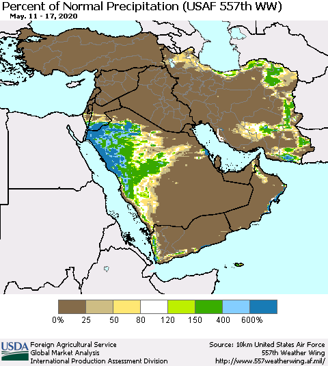 Middle East and Turkey Percent of Normal Precipitation (USAF 557th WW) Thematic Map For 5/11/2020 - 5/17/2020