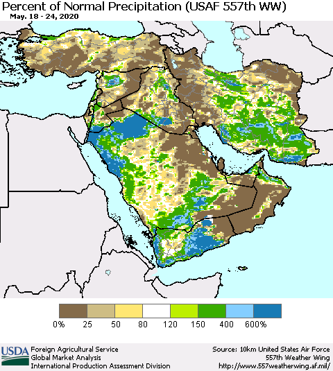 Middle East and Turkey Percent of Normal Precipitation (USAF 557th WW) Thematic Map For 5/18/2020 - 5/24/2020