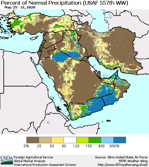 Middle East and Turkey Percent of Normal Precipitation (USAF 557th WW) Thematic Map For 5/25/2020 - 5/31/2020