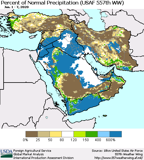 Middle East and Turkey Percent of Normal Precipitation (USAF 557th WW) Thematic Map For 6/1/2020 - 6/7/2020