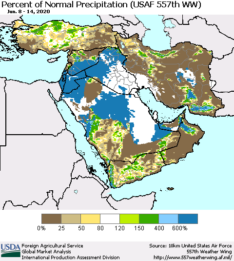 Middle East and Turkey Percent of Normal Precipitation (USAF 557th WW) Thematic Map For 6/8/2020 - 6/14/2020