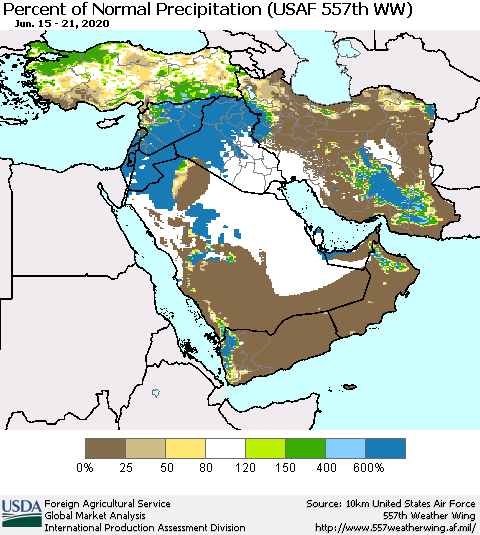 Middle East and Turkey Percent of Normal Precipitation (USAF 557th WW) Thematic Map For 6/15/2020 - 6/21/2020