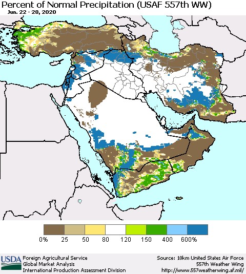 Middle East and Turkey Percent of Normal Precipitation (USAF 557th WW) Thematic Map For 6/22/2020 - 6/28/2020