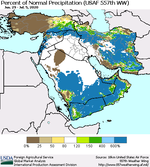 Middle East and Turkey Percent of Normal Precipitation (USAF 557th WW) Thematic Map For 6/29/2020 - 7/5/2020