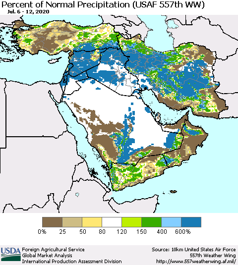 Middle East and Turkey Percent of Normal Precipitation (USAF 557th WW) Thematic Map For 7/6/2020 - 7/12/2020