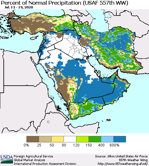 Middle East and Turkey Percent of Normal Precipitation (USAF 557th WW) Thematic Map For 7/13/2020 - 7/19/2020