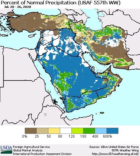 Middle East and Turkey Percent of Normal Precipitation (USAF 557th WW) Thematic Map For 7/20/2020 - 7/26/2020