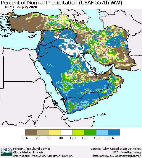 Middle East and Turkey Percent of Normal Precipitation (USAF 557th WW) Thematic Map For 7/27/2020 - 8/2/2020