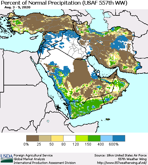 Middle East and Turkey Percent of Normal Precipitation (USAF 557th WW) Thematic Map For 8/3/2020 - 8/9/2020