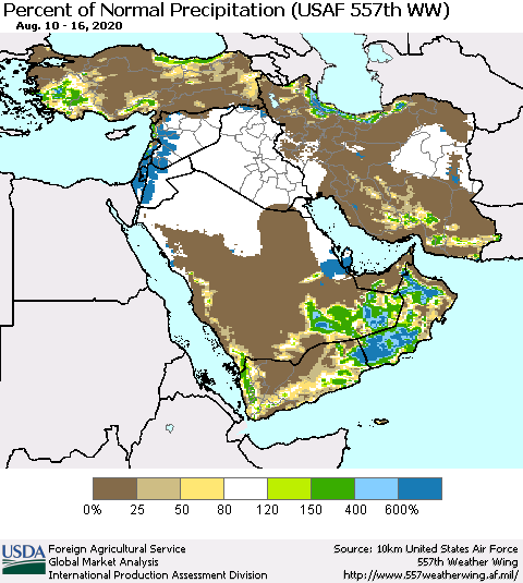 Middle East and Turkey Percent of Normal Precipitation (USAF 557th WW) Thematic Map For 8/10/2020 - 8/16/2020