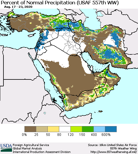 Middle East and Turkey Percent of Normal Precipitation (USAF 557th WW) Thematic Map For 8/17/2020 - 8/23/2020