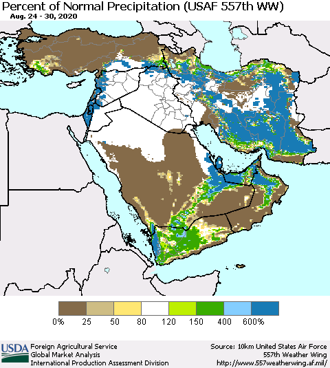 Middle East and Turkey Percent of Normal Precipitation (USAF 557th WW) Thematic Map For 8/24/2020 - 8/30/2020