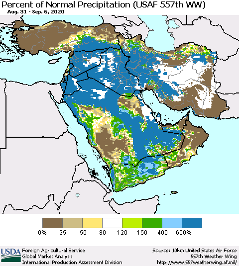 Middle East and Turkey Percent of Normal Precipitation (USAF 557th WW) Thematic Map For 8/31/2020 - 9/6/2020