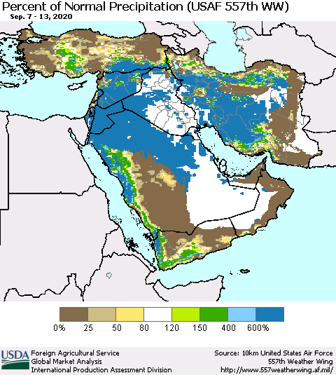Middle East and Turkey Percent of Normal Precipitation (USAF 557th WW) Thematic Map For 9/7/2020 - 9/13/2020
