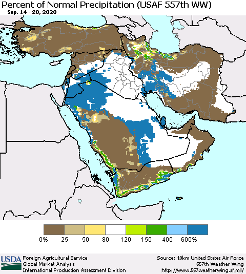 Middle East and Turkey Percent of Normal Precipitation (USAF 557th WW) Thematic Map For 9/14/2020 - 9/20/2020
