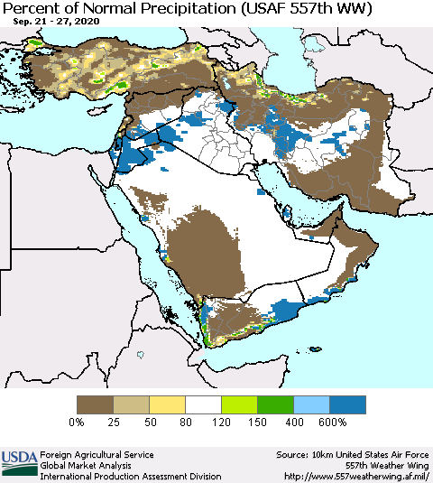 Middle East and Turkey Percent of Normal Precipitation (USAF 557th WW) Thematic Map For 9/21/2020 - 9/27/2020