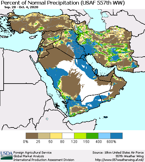 Middle East and Turkey Percent of Normal Precipitation (USAF 557th WW) Thematic Map For 9/28/2020 - 10/4/2020