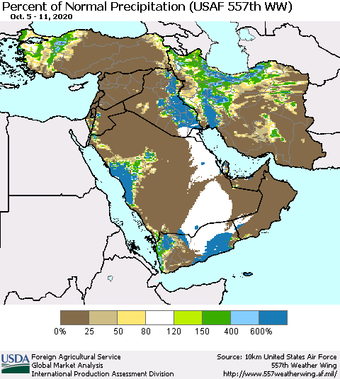 Middle East and Turkey Percent of Normal Precipitation (USAF 557th WW) Thematic Map For 10/5/2020 - 10/11/2020