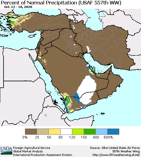 Middle East and Turkey Percent of Normal Precipitation (USAF 557th WW) Thematic Map For 10/12/2020 - 10/18/2020