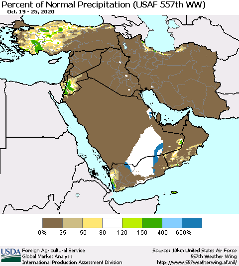Middle East and Turkey Percent of Normal Precipitation (USAF 557th WW) Thematic Map For 10/19/2020 - 10/25/2020