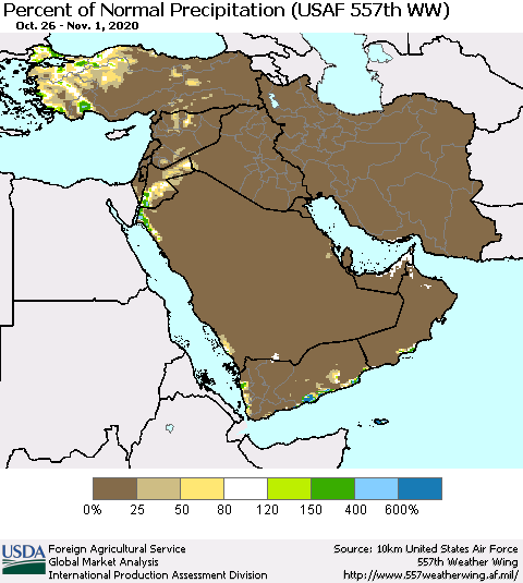 Middle East and Turkey Percent of Normal Precipitation (USAF 557th WW) Thematic Map For 10/26/2020 - 11/1/2020
