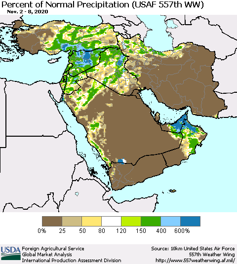 Middle East and Turkey Percent of Normal Precipitation (USAF 557th WW) Thematic Map For 11/2/2020 - 11/8/2020