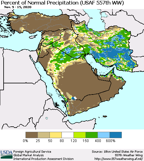 Middle East and Turkey Percent of Normal Precipitation (USAF 557th WW) Thematic Map For 11/9/2020 - 11/15/2020
