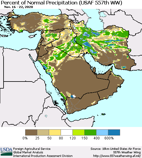 Middle East and Turkey Percent of Normal Precipitation (USAF 557th WW) Thematic Map For 11/16/2020 - 11/22/2020