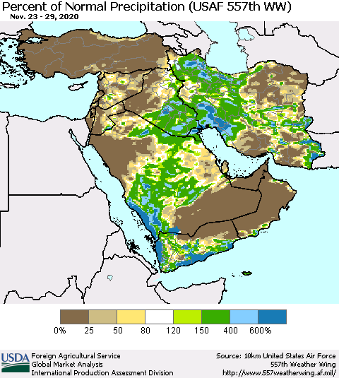 Middle East and Turkey Percent of Normal Precipitation (USAF 557th WW) Thematic Map For 11/23/2020 - 11/29/2020